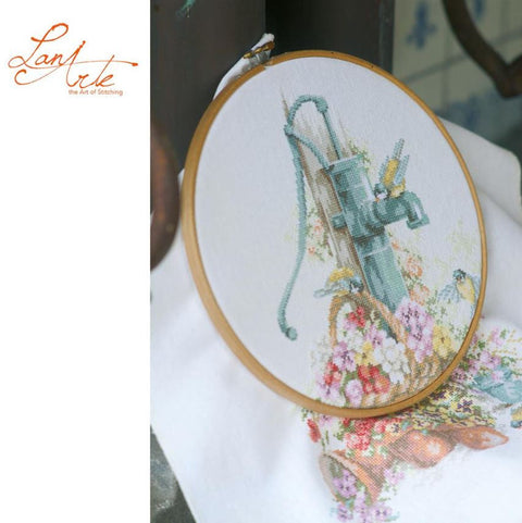 Cross Stitch Kit Birds by Water Pump Nature Scene, Lanarte, 29 x 39 cm, Cotton Canvas, DMC Threads