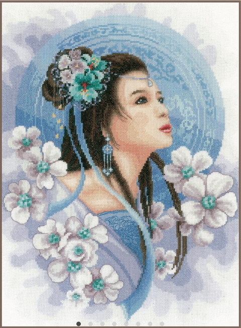 Cross Stitch Embroidery Kit, Asian Woman in Blue Dress, Lanarte, DMC Cotton Threads, 30 x 41 cm, 27 Count, Beads and Metallic Thread