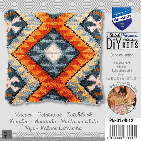 Vervaco Latch Hook Cushion Kit, Boho Ethnic Pattern, Pre-Cut Yarn, Canvas, Color Chart and Instructions