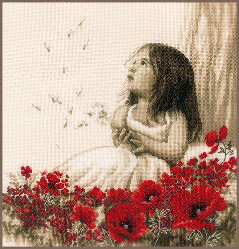 Vervaco Counted Cross Stitch Kit, Girl in Poppy Field Design, Aida Canvas, Cotton Threads, Needle and Pattern Included