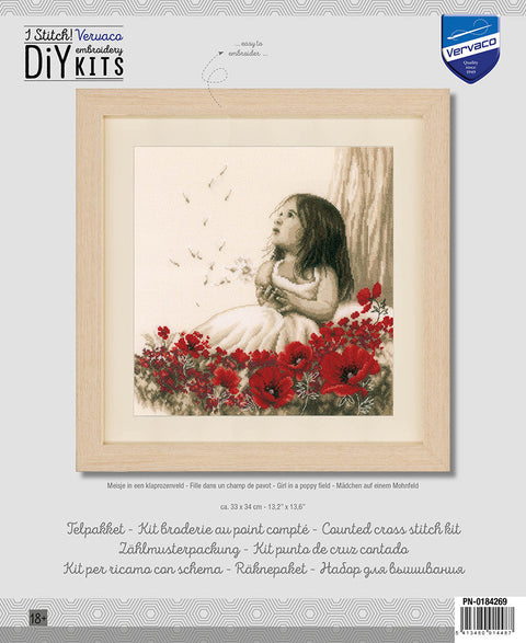 Vervaco Counted Cross Stitch Kit, Girl in Poppy Field Design, Aida Canvas, Cotton Threads, Needle and Pattern Included