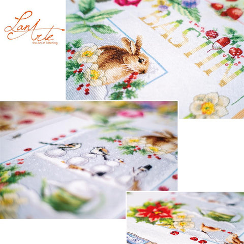 Four Seasons Counted Cross Stitch Kit, Lanarte, 88 x 62 cm, Cotton Fabric and DMC Threads, Wall Art Embroidery Project