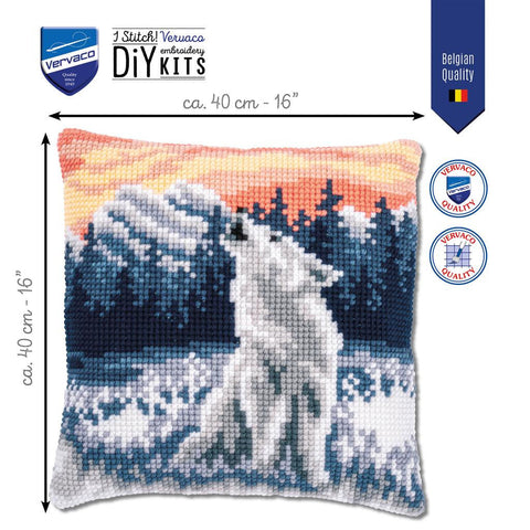 Vervaco Cross Stitch Pillow Front Kit, Winter Wolf in Snowy Landscape, Canvas, Threads, Needle, Chart & Instructions