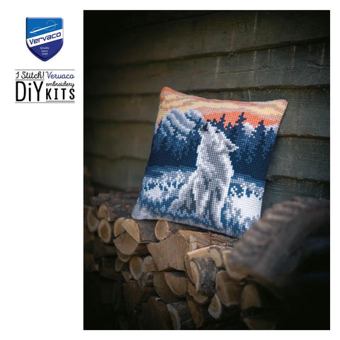 Vervaco Cross Stitch Pillow Front Kit, Winter Wolf in Snowy Landscape, Canvas, Threads, Needle, Chart & Instructions