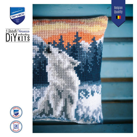 Vervaco Cross Stitch Pillow Front Kit, Winter Wolf in Snowy Landscape, Canvas, Threads, Needle, Chart & Instructions