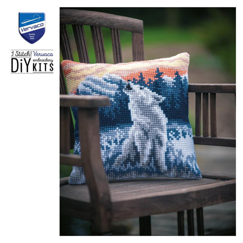 Vervaco Cross Stitch Pillow Front Kit, Winter Wolf in Snowy Landscape, Canvas, Threads, Needle, Chart & Instructions