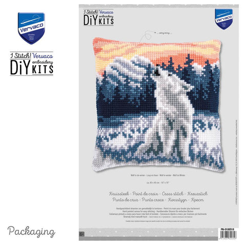 Vervaco Cross Stitch Pillow Front Kit, Winter Wolf in Snowy Landscape, Canvas, Threads, Needle, Chart & Instructions