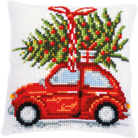 Christmas Car Cross Stitch Cushion Cover Kit, Vervaco Printed Canvas, 40x40 cm, Cotton Threads, Embroidery Kit with Pattern and Needle