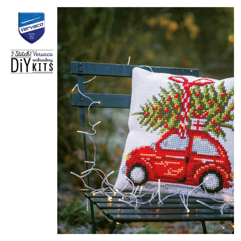 Christmas Car Cross Stitch Cushion Cover Kit, Vervaco Printed Canvas, 40x40 cm, Cotton Threads, Embroidery Kit with Pattern and Needle