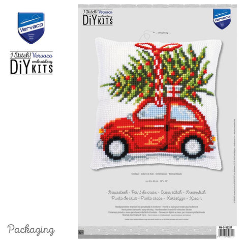 Christmas Car Cross Stitch Cushion Cover Kit, Vervaco Printed Canvas, 40x40 cm, Cotton Threads, Embroidery Kit with Pattern and Needle
