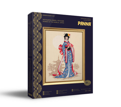 Japanese Woman Cross Stitch Kit, PANNA KLART Embroidery Set with Aida Canvas, Cotton Threads, Needle and Pattern