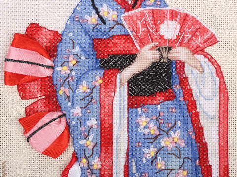 Japanese Woman Cross Stitch Kit, PANNA KLART Embroidery Set with Aida Canvas, Cotton Threads, Needle and Pattern