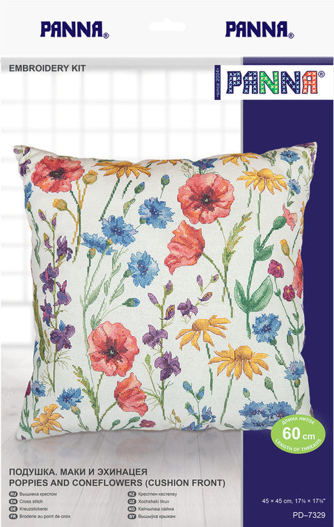 Cross Stitch Cushion Front Kit, Poppies and Echinacea Floral Design, PANNA KLART Embroidery Kit for Home Decor