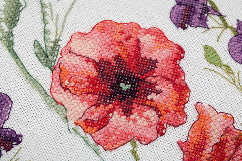 Cross Stitch Cushion Front Kit, Poppies and Echinacea Floral Design, PANNA KLART Embroidery Kit for Home Decor