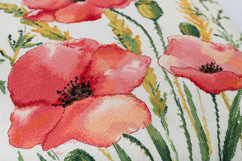 Cross Stitch Pillow Front Embroidery Kit with Bright Red Poppies, PANNA KLART Home Decor Craft