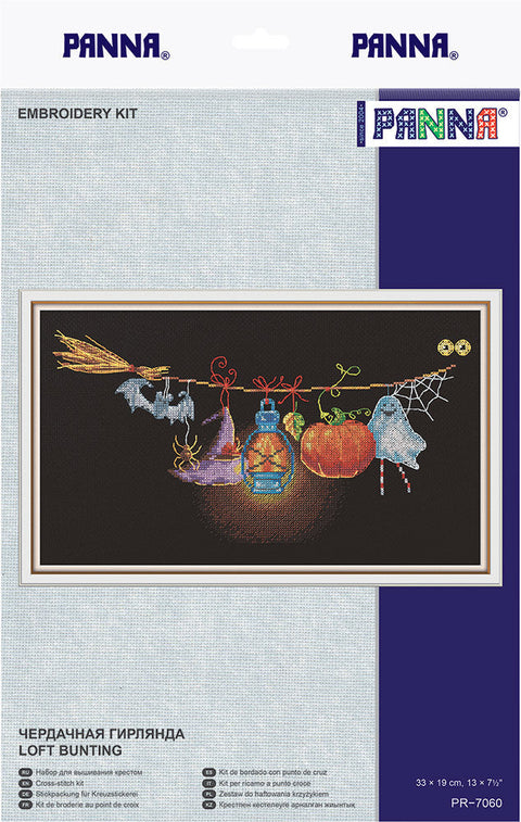 Cross Stitch Kit with Loft Bunting Garland Design, PANNA Embroidery Set with Canvas, Cotton Threads, Needle and Pattern