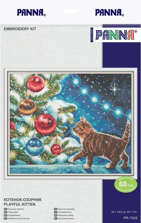 Cat Cross Stitch Kit, Playful Kitten Embroidery Set, 25 × 19.5 cm, Cotton Aida Fabric, Multicolor, PANNA KLART