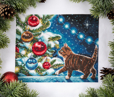 Cat Cross Stitch Kit, Playful Kitten Embroidery Set, 25 × 19.5 cm, Cotton Aida Fabric, Multicolor, PANNA KLART
