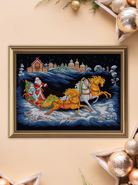 PANNA Cross Stitch Kit Santa Claus Trio, 66.5 x 44 cm, Black Aida 18 Canvas, Beads, Advanced Winter Christmas Design