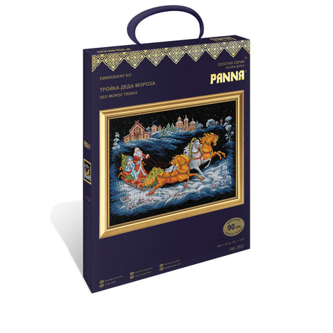 PANNA Cross Stitch Kit Santa Claus Trio, 66.5 x 44 cm, Black Aida 18 Canvas, Beads, Advanced Winter Christmas Design