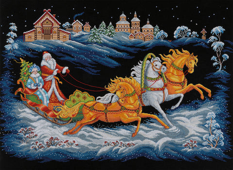 PANNA Cross Stitch Kit Santa Claus Trio, 66.5 x 44 cm, Black Aida 18 Canvas, Beads, Advanced Winter Christmas Design