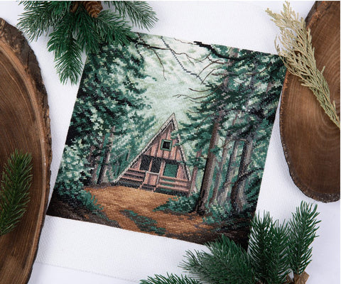 Cross Stitch Kit with Cabin in the Woods Design, PANNA KLART, Nature-Inspired Embroidery, Warm Earth Tones and Greenery