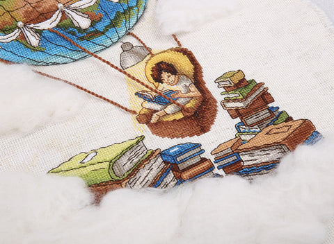 Advanced Cross Stitch Kit, Journey with Books Design, PANNA/KLART, Aida 16 Canvas, 27 x 32 cm, Beads and Wool