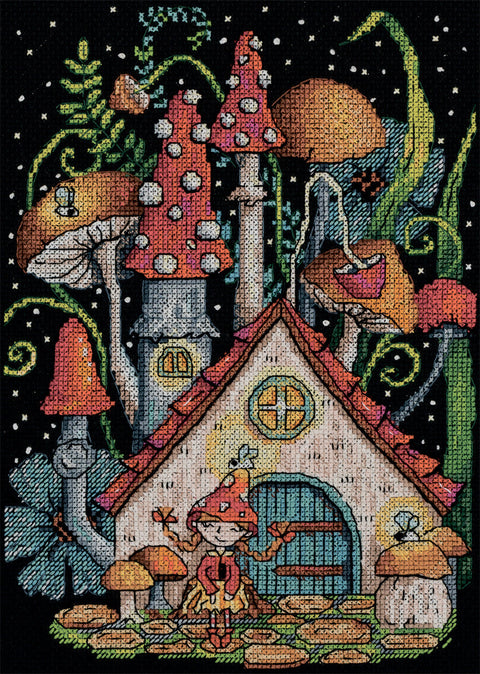 PANNA Cross Stitch Kit Mushroom House, Advanced, Black Aida 16 Fabric, 19 x 24.5 cm, 9412 Stitches