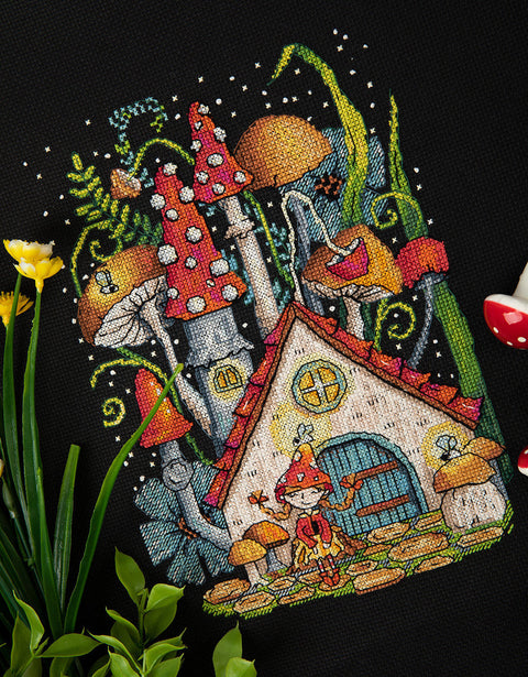 PANNA Cross Stitch Kit Mushroom House, Advanced, Black Aida 16 Fabric, 19 x 24.5 cm, 9412 Stitches