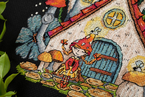 PANNA Cross Stitch Kit Mushroom House, Advanced, Black Aida 16 Fabric, 19 x 24.5 cm, 9412 Stitches