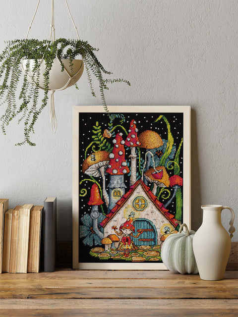 PANNA Cross Stitch Kit Mushroom House, Advanced, Black Aida 16 Fabric, 19 x 24.5 cm, 9412 Stitches