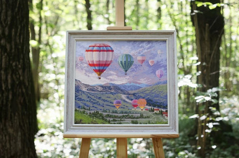 Counted Cross Stitch Kit, Hot Air Balloon Festival Landscape, Multicolor Aida Canvas, Zolotoe Runo, Beginner Friendly calc.