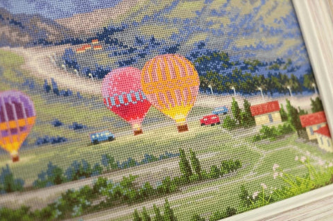 Counted Cross Stitch Kit, Hot Air Balloon Festival Landscape, Multicolor Aida Canvas, Zolotoe Runo, Beginner Friendly calc.