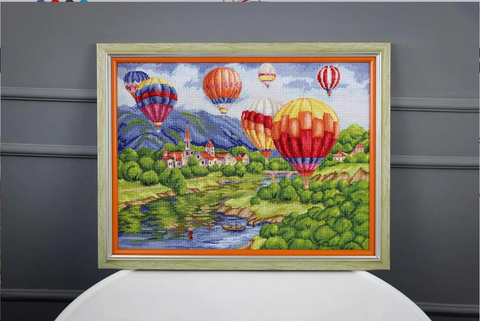 Cross Stitch Embroidery Kit, Hot Air Balloons Over Castle Landscape, Zolotoe Runo, 31.5 × 42.5 cm, Complete Set