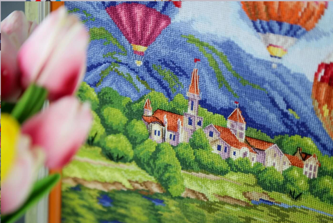 Cross Stitch Embroidery Kit, Hot Air Balloons Over Castle Landscape, Zolotoe Runo, 31.5 × 42.5 cm, Complete Set