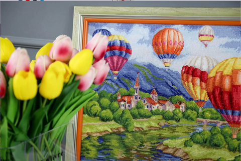 Cross Stitch Embroidery Kit, Hot Air Balloons Over Castle Landscape, Zolotoe Runo, 31.5 × 42.5 cm, Complete Set