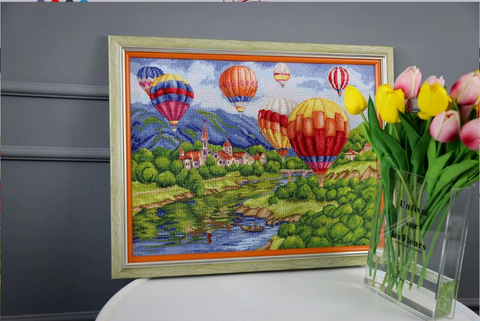 Cross Stitch Embroidery Kit, Hot Air Balloons Over Castle Landscape, Zolotoe Runo, 31.5 × 42.5 cm, Complete Set