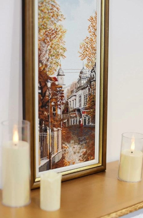 Counted Cross Stitch Kit Central Street Cityscape, Zolotoe Runo, Cotton Threads, Canvas, Needle, Pattern and Instructions