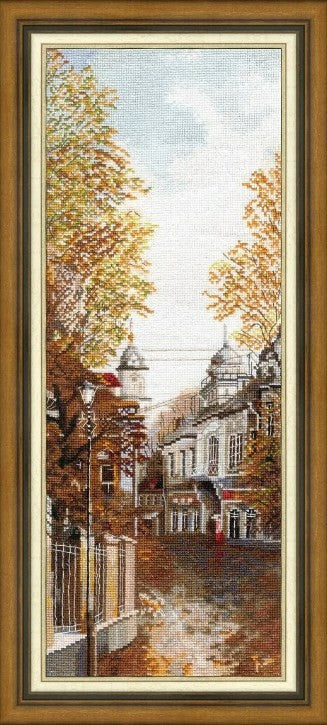 Counted Cross Stitch Kit Central Street Cityscape, Zolotoe Runo, Cotton Threads, Canvas, Needle, Pattern and Instructions