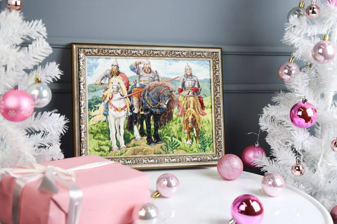 Cross Stitch Embroidery Kit, Historical Bogatyrs Scene, Zolotoe Runo, Aida Fabric, Cotton Threads, Needle, Pattern and Instructions
