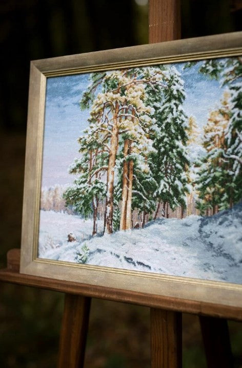 Counted Cross Stitch Kit Winter Landscape, Zolotoe Runo, White Aida Fabric, Cotton Threads, Needle and Pattern