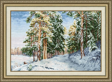 Counted Cross Stitch Kit Winter Landscape, Zolotoe Runo, White Aida Fabric, Cotton Threads, Needle and Pattern