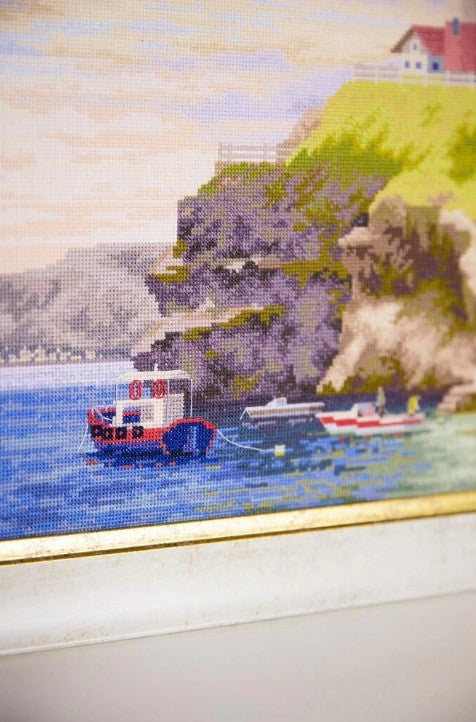 Counted Cross Stitch Kit, Seascape Bay with Golden Clouds, Zolotoe Runo, Aida Fabric, Cotton Threads, Needle and Pattern