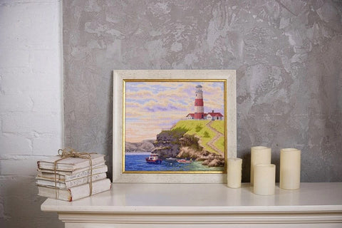 Counted Cross Stitch Kit, Seascape Bay with Golden Clouds, Zolotoe Runo, Aida Fabric, Cotton Threads, Needle and Pattern