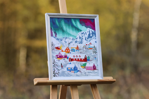 Cross Stitch Kit with Nordic Village Landscape, Aida Canvas, Cotton Floss, Needle, Color Chart & Instructions by Zolotoe Runo