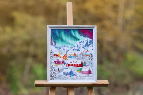 Cross Stitch Kit with Nordic Village Landscape, Aida Canvas, Cotton Floss, Needle, Color Chart & Instructions by Zolotoe Runo
