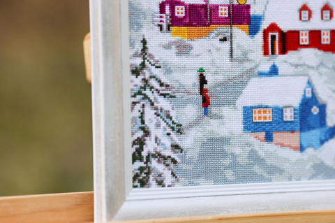 Cross Stitch Kit with Nordic Village Landscape, Aida Canvas, Cotton Floss, Needle, Color Chart & Instructions by Zolotoe Runo