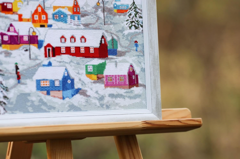 Cross Stitch Kit with Nordic Village Landscape, Aida Canvas, Cotton Floss, Needle, Color Chart & Instructions by Zolotoe Runo