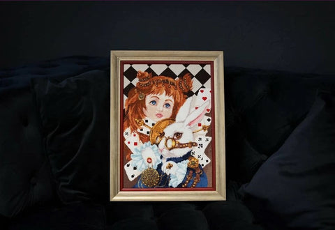 Counted Cross Stitch Kit with Alice Motif, Zolotoe Runo Embroidery Set with Fabric, Threads, Needle, Pattern and Instructions