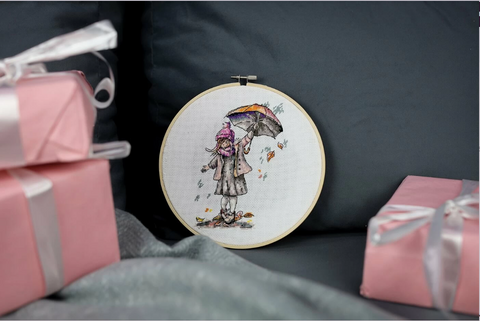 Rain Cross Stitch Embroidery Kit, Zolotoe Runo, 16 × 11.5 cm Multicolor Design with Canvas, Threads, Needle and Pattern